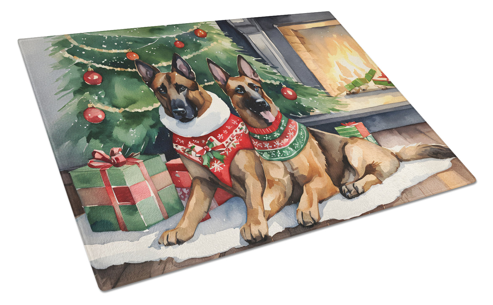 Buy this Belgian Malinois Cozy Christmas Glass Cutting Board Large