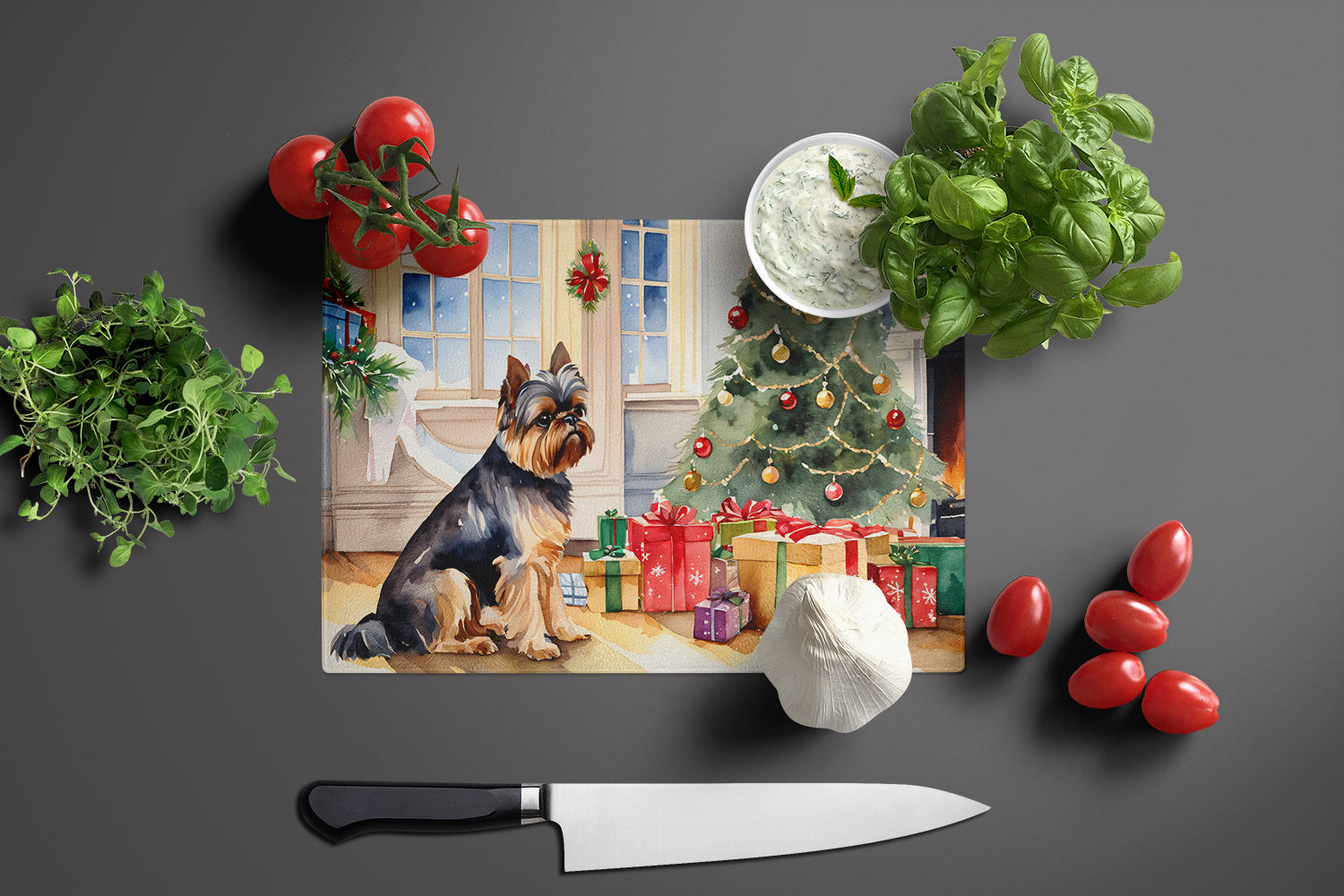 Brussels Griffon Cozy Christmas Glass Cutting Board Large