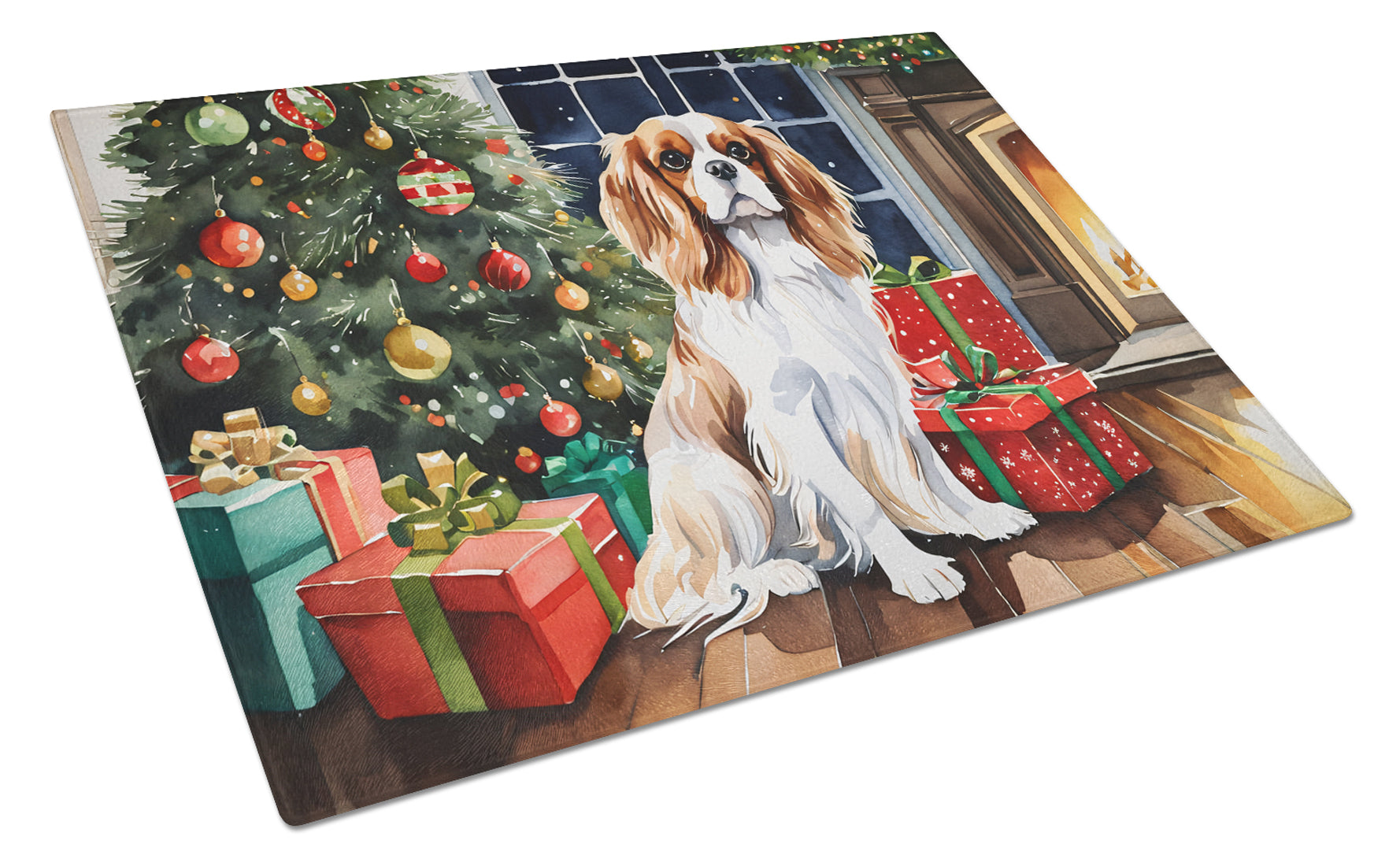 Buy this Cavalier Spaniel Cozy Christmas Glass Cutting Board Large