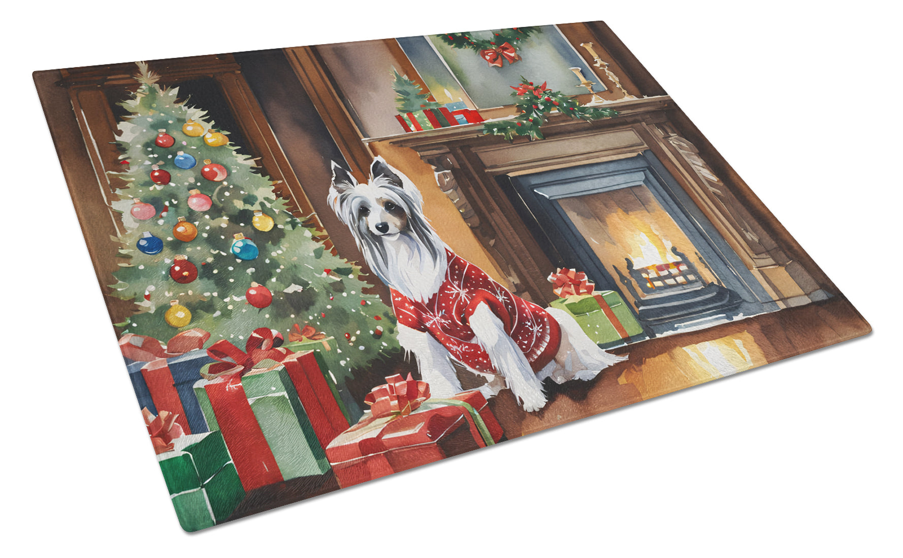 Buy this Chinese Crested Cozy Christmas Glass Cutting Board Large