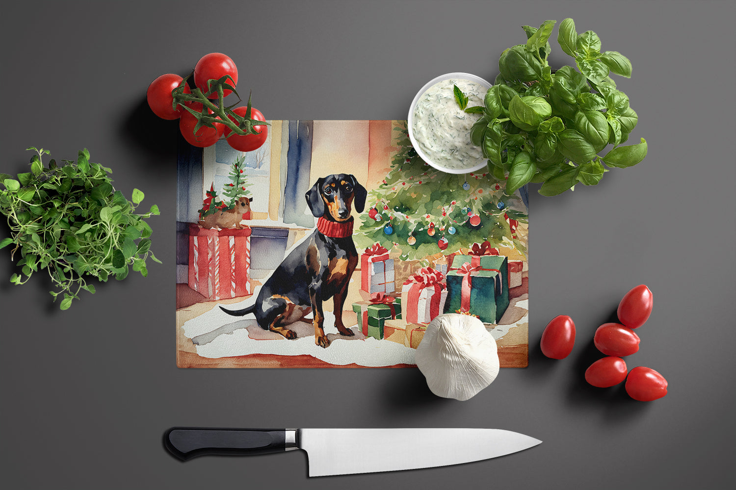 Dachshund Cozy Christmas Glass Cutting Board Large