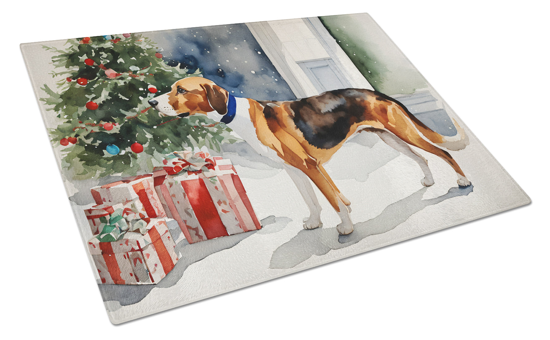 Buy this English Foxhound Cozy Christmas Glass Cutting Board Large