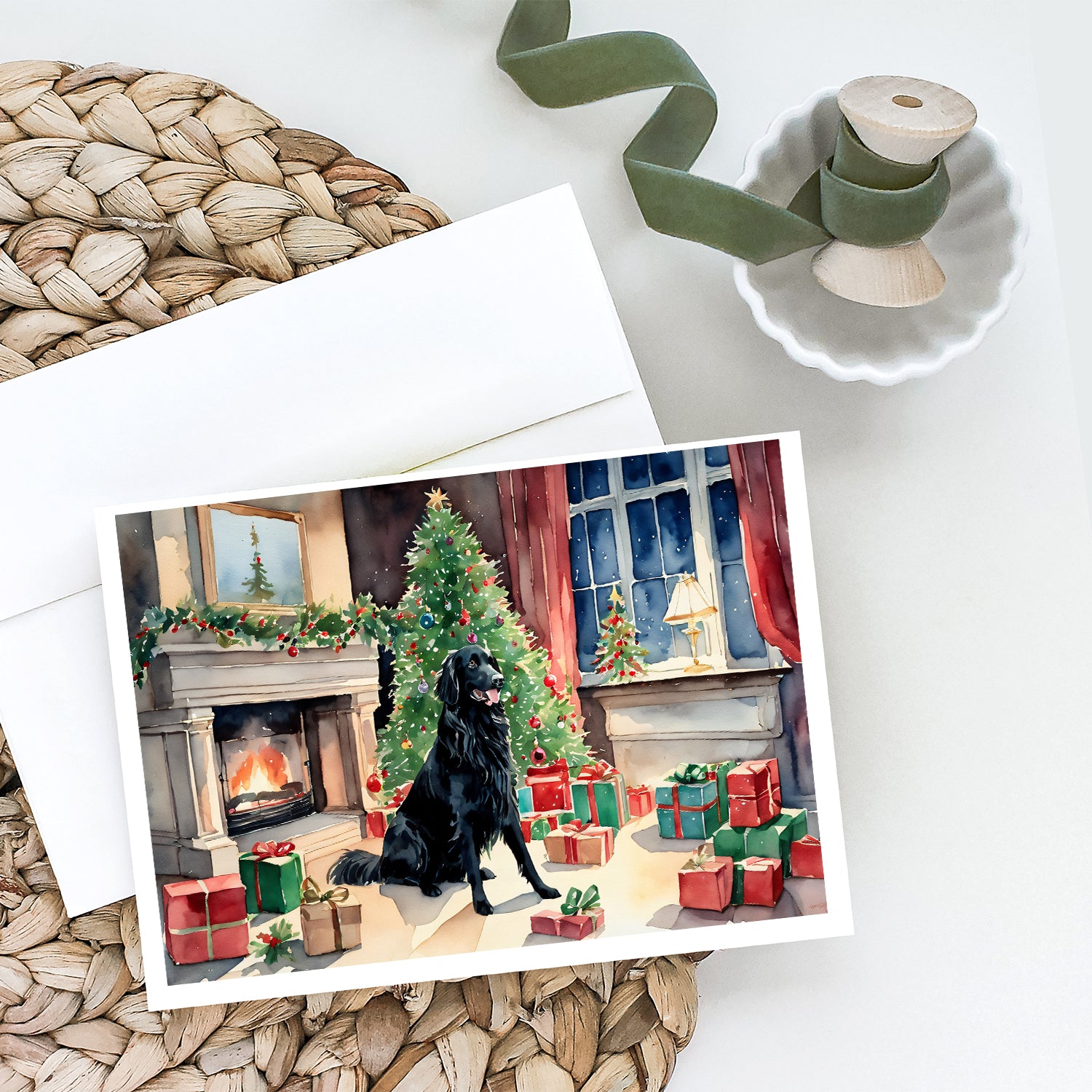 Flat-Coated Retriever Cozy Christmas Greeting Cards Pack of 8