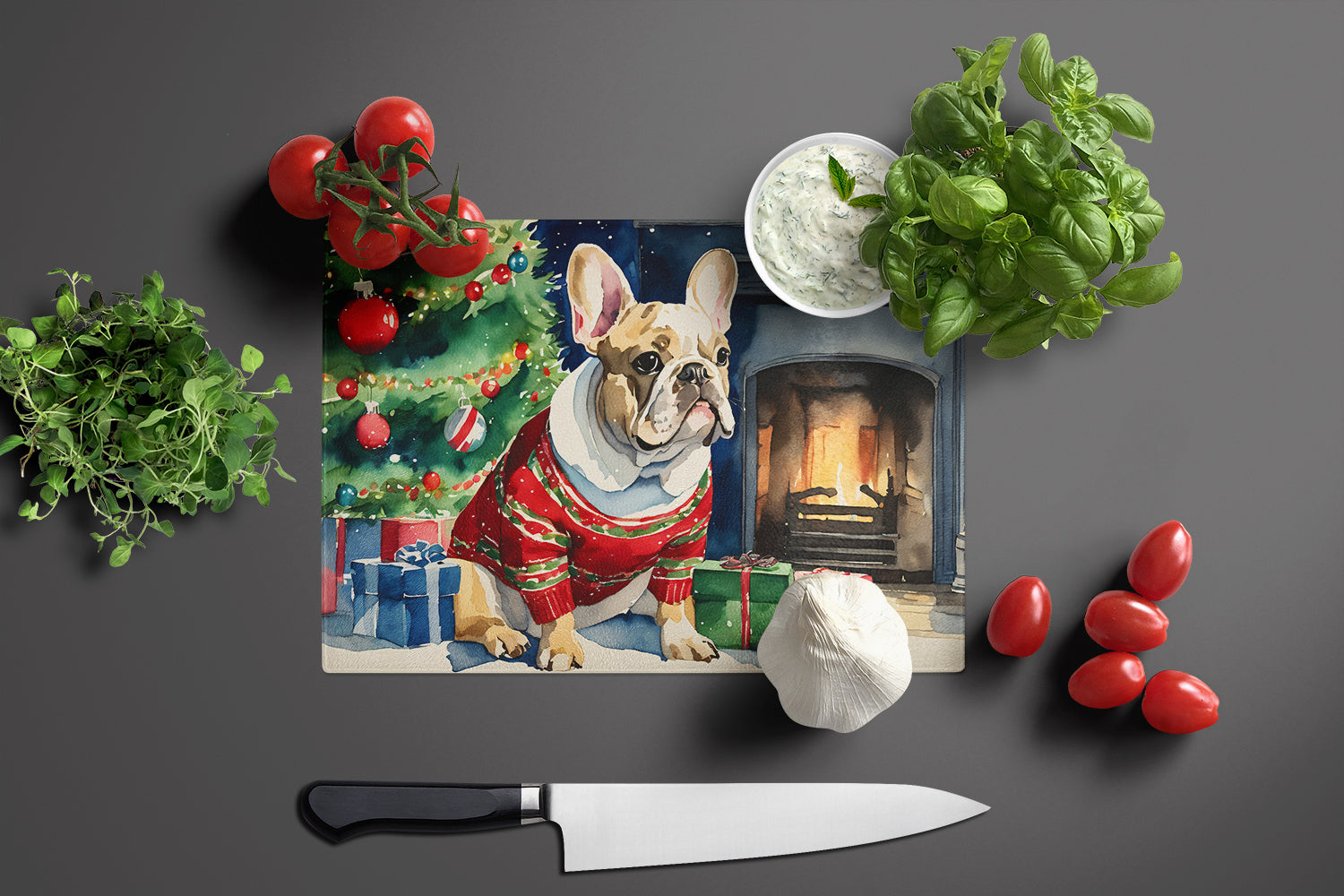 French Bulldog Cozy Christmas Glass Cutting Board Large