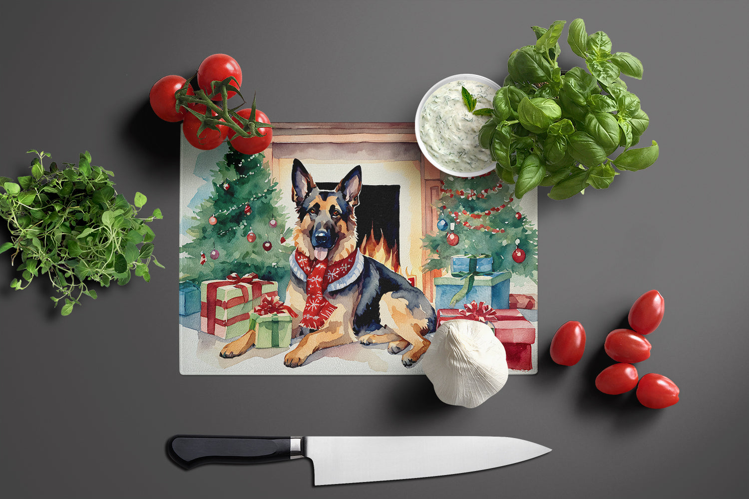 German Shepherd Cozy Christmas Glass Cutting Board Large