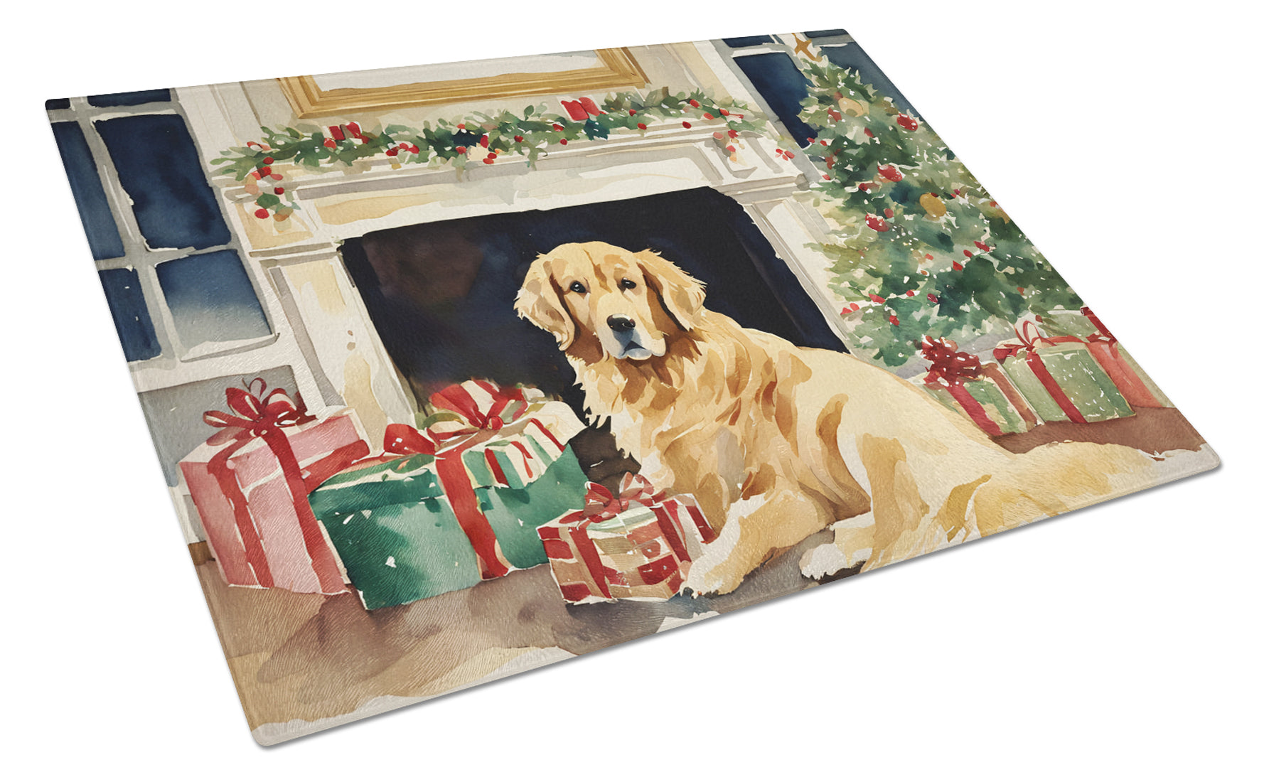 Buy this Golden Retriever Cozy Christmas Glass Cutting Board Large