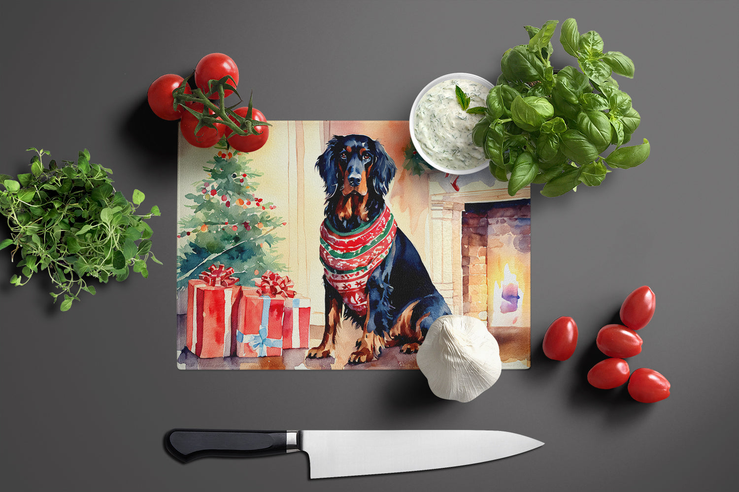 Gordon Setter Cozy Christmas Glass Cutting Board Large