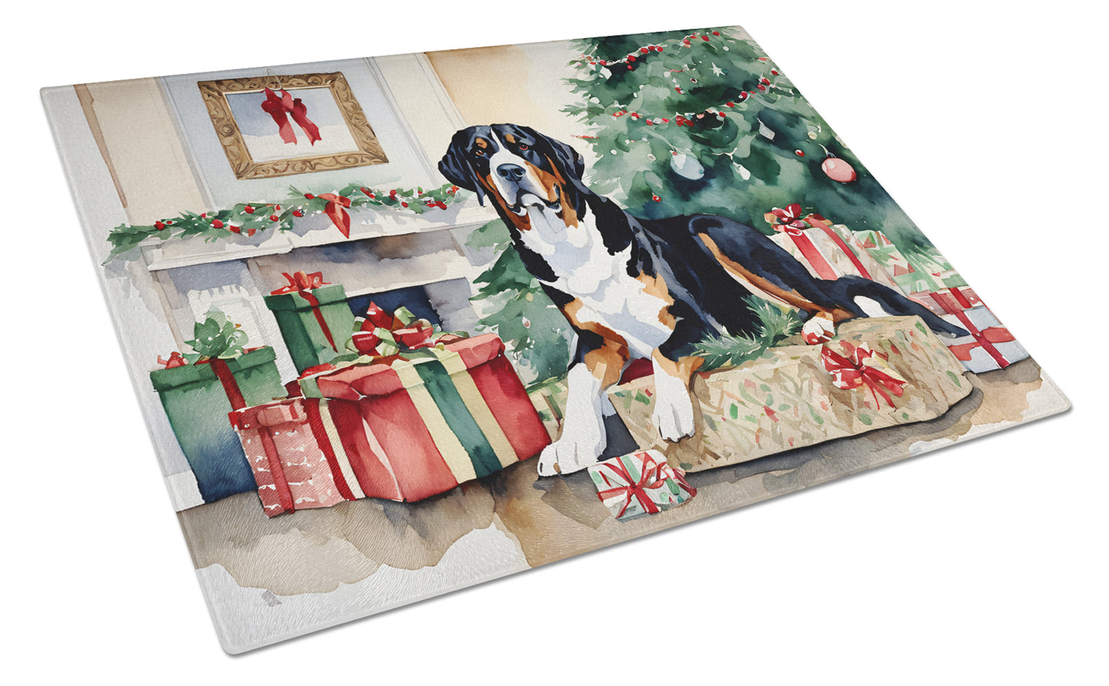 Buy this Greater Swiss Mountain Dog Cozy Christmas Glass Cutting Board Large