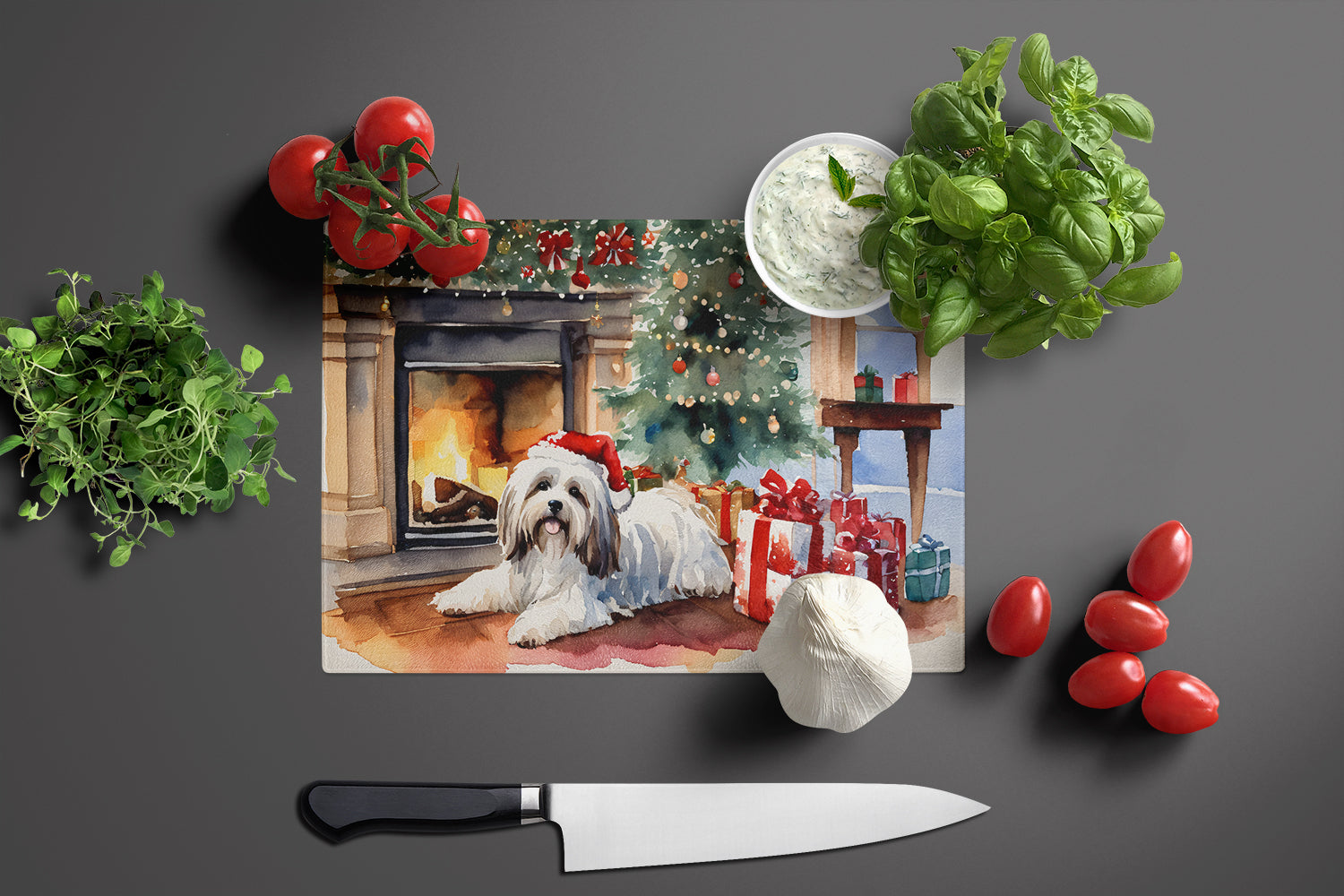 Havanese Cozy Christmas Glass Cutting Board Large