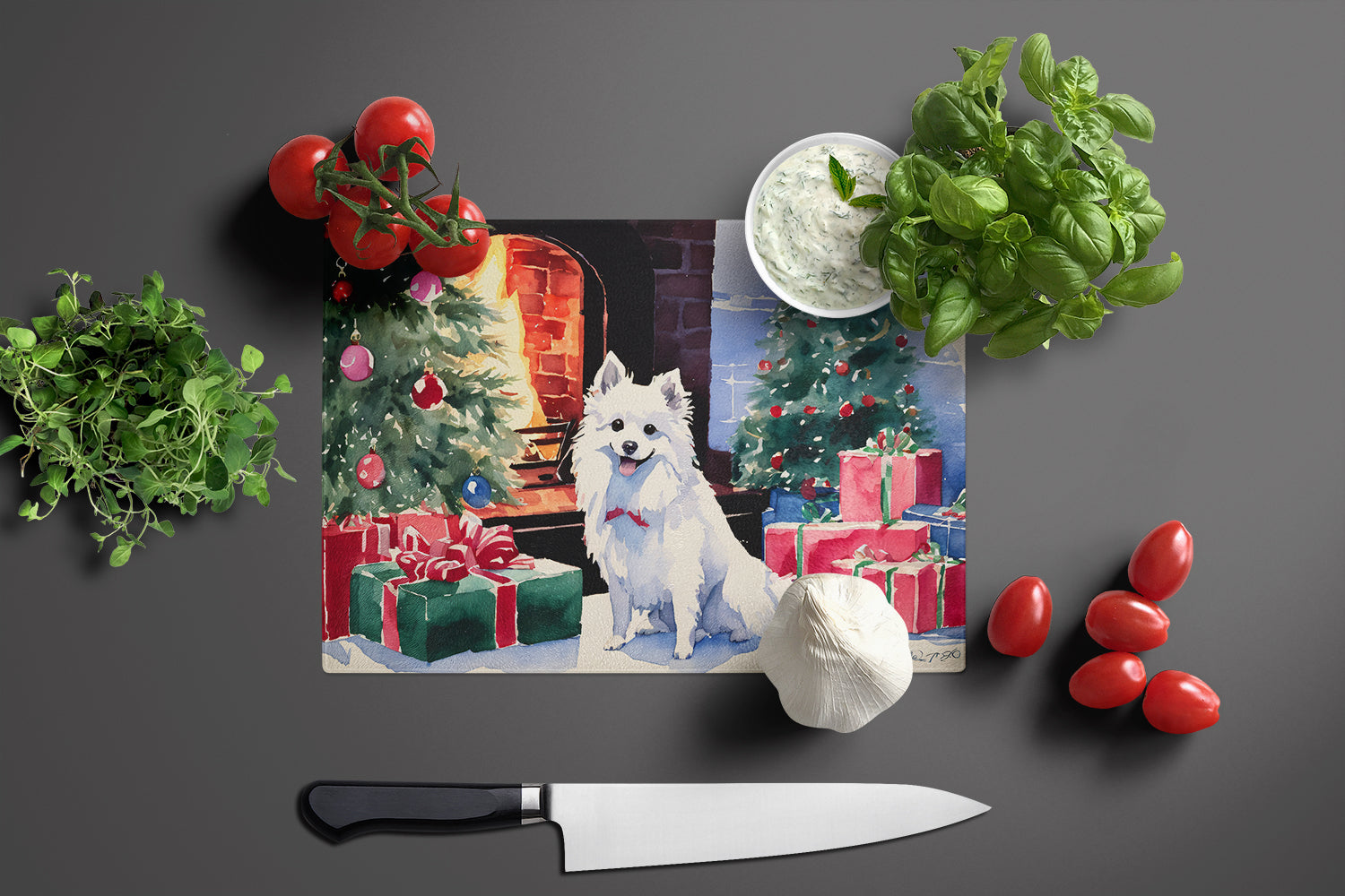 Japanese Spitz Cozy Christmas Glass Cutting Board Large