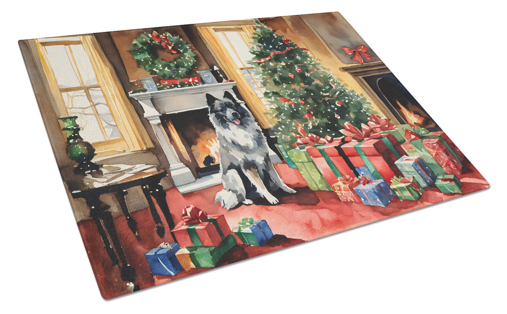 Buy this Keeshond Cozy Christmas Glass Cutting Board Large