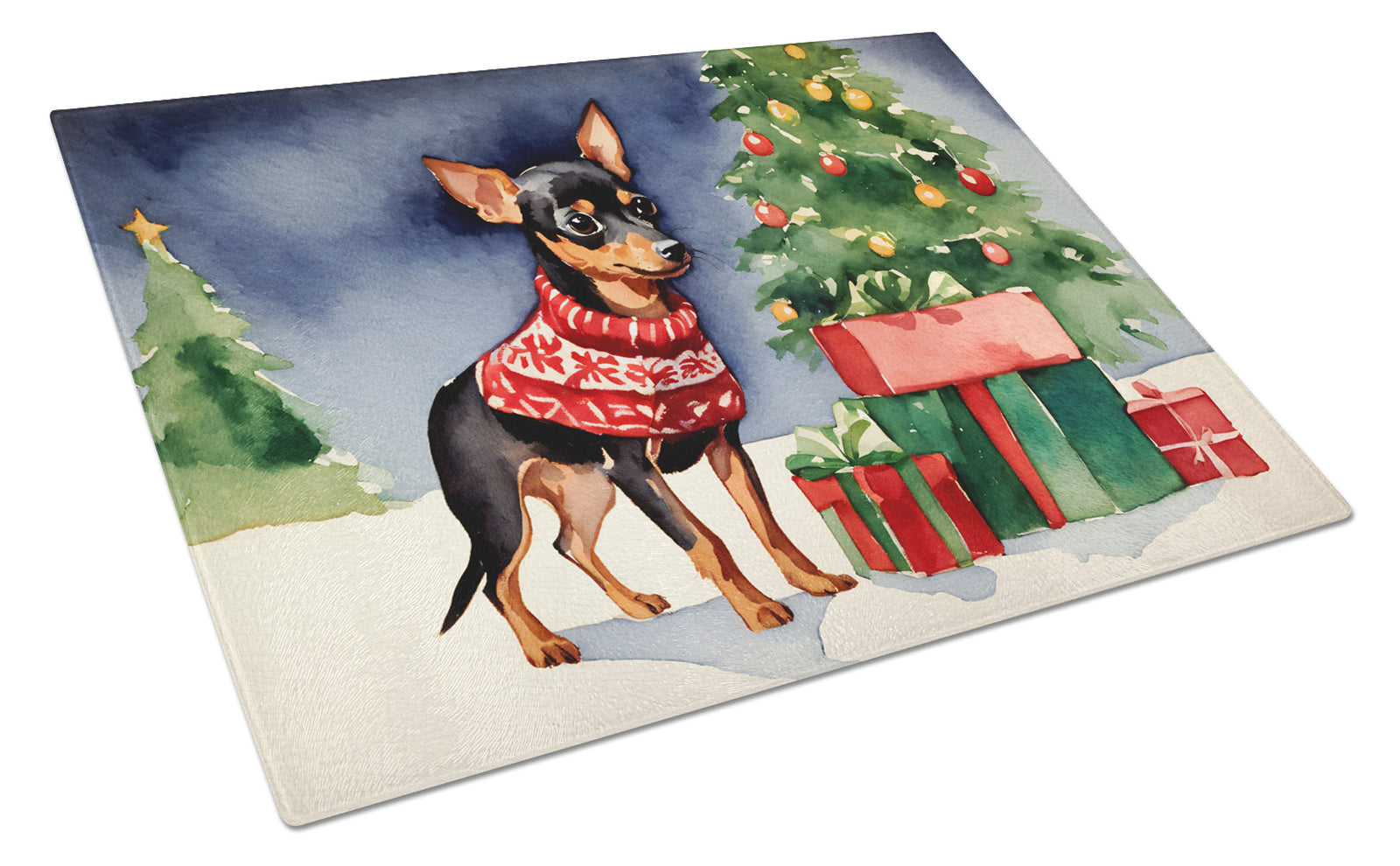 Buy this Miniature Pinscher Cozy Christmas Glass Cutting Board Large