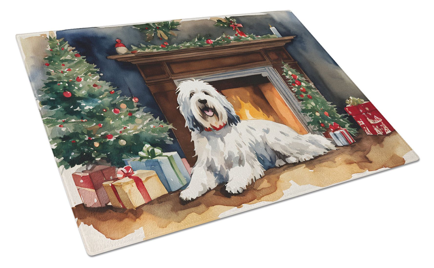 Buy this Old English Sheepdog Cozy Christmas Glass Cutting Board Large