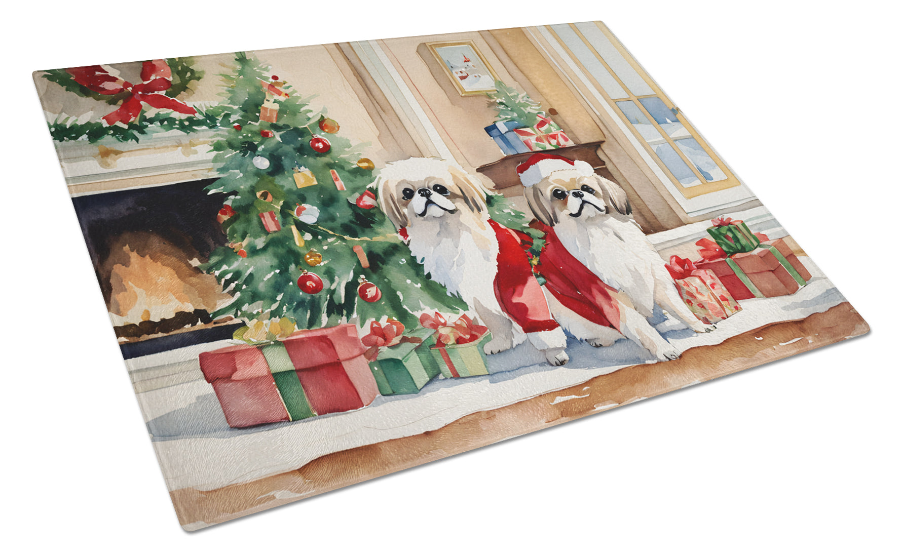 Buy this Pekingese Cozy Christmas Glass Cutting Board Large