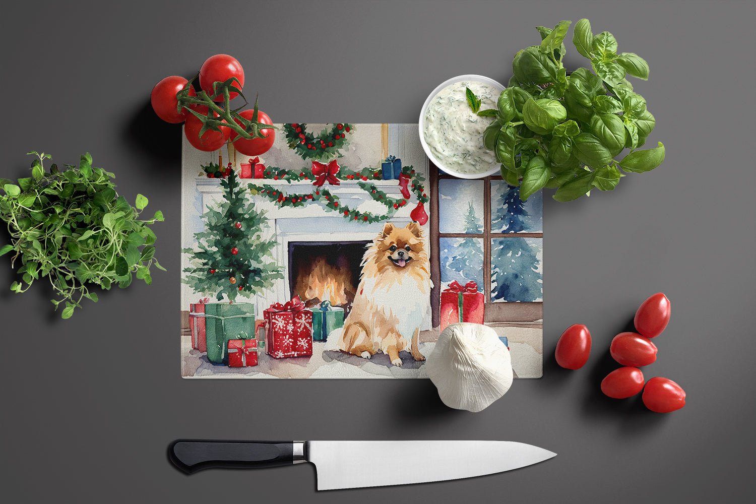 Pomeranian Cozy Christmas Glass Cutting Board Large