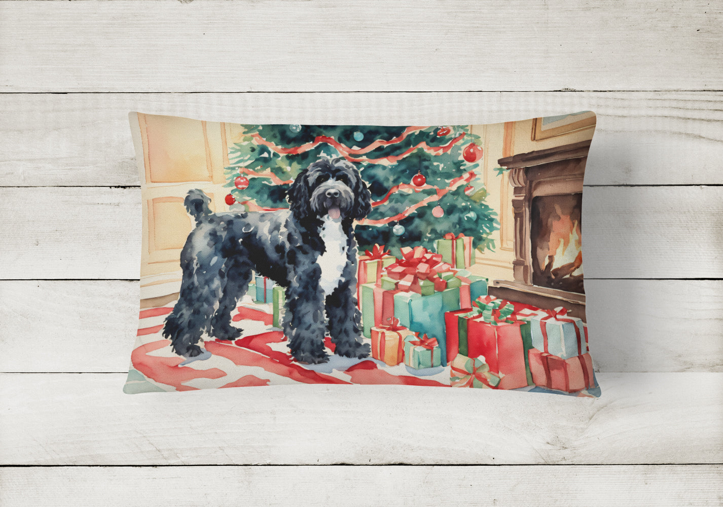 Portuguese Water Dog Cozy Christmas Throw Pillow