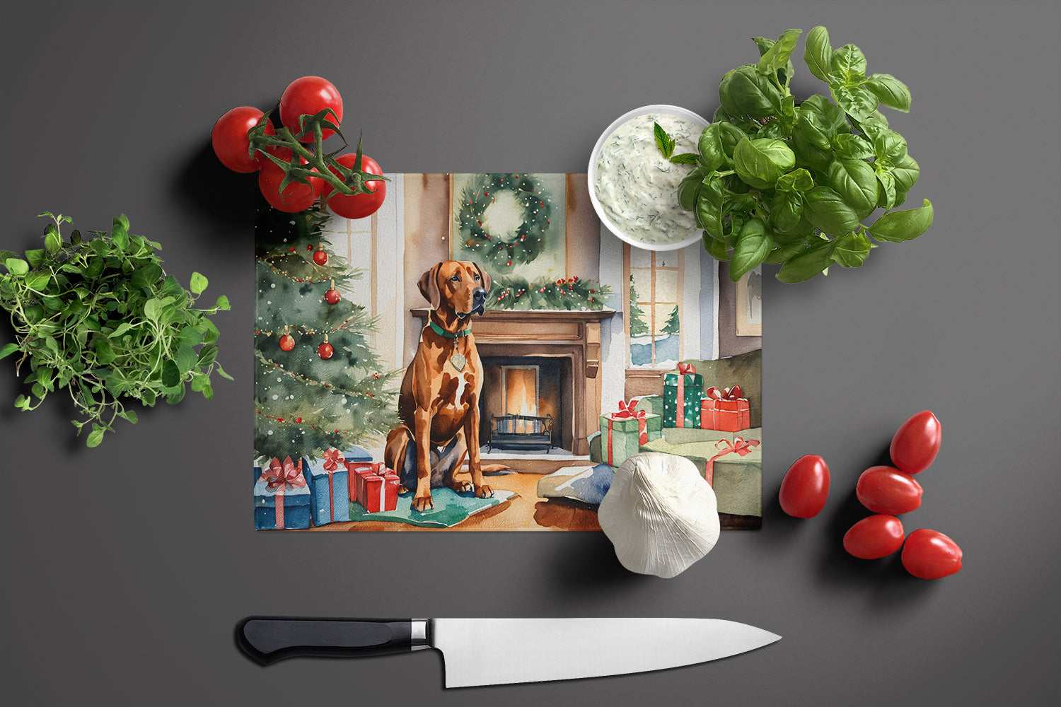 Rhodesian Ridgeback Cozy Christmas Glass Cutting Board Large