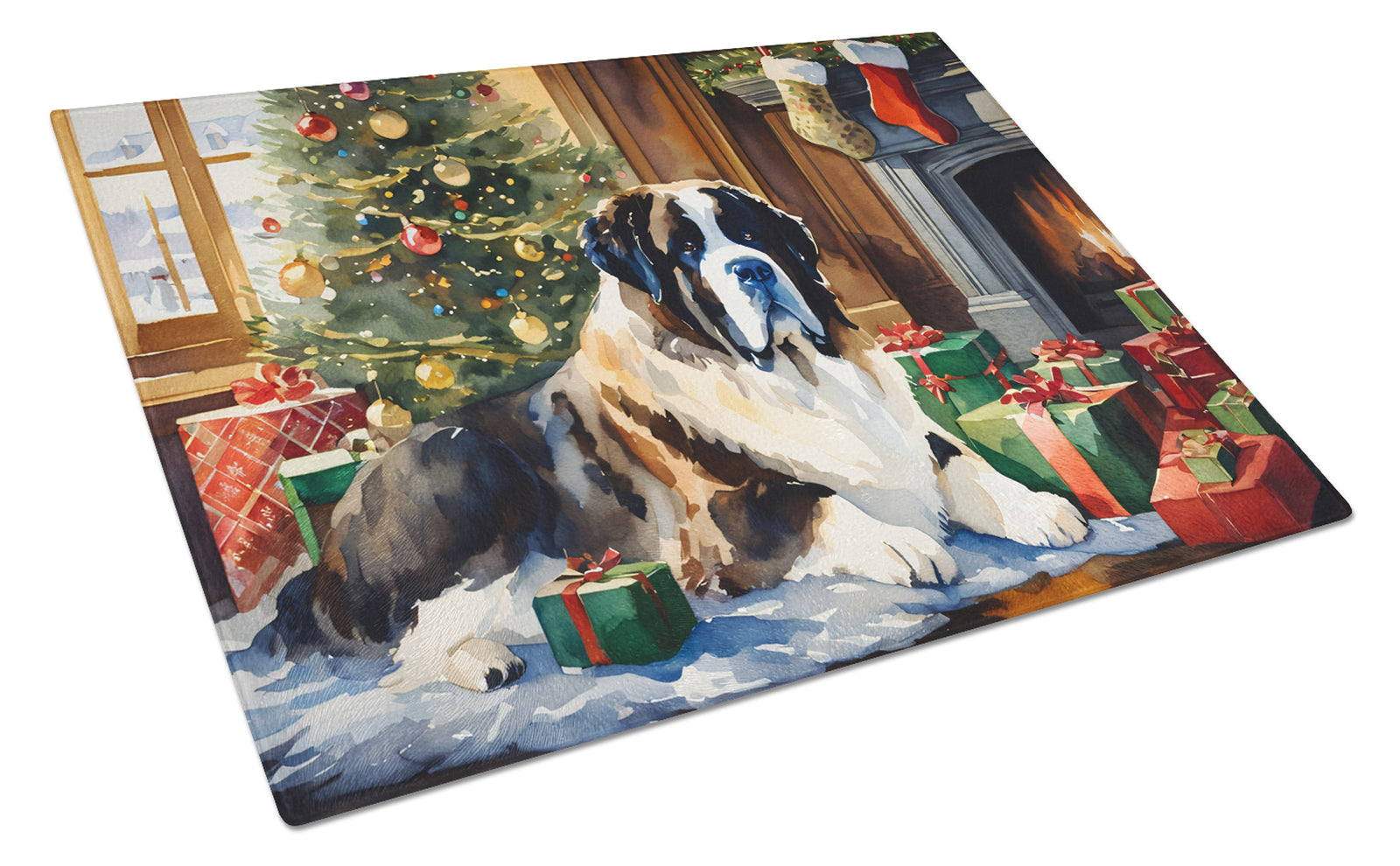 Buy this Saint Bernard Cozy Christmas Glass Cutting Board Large