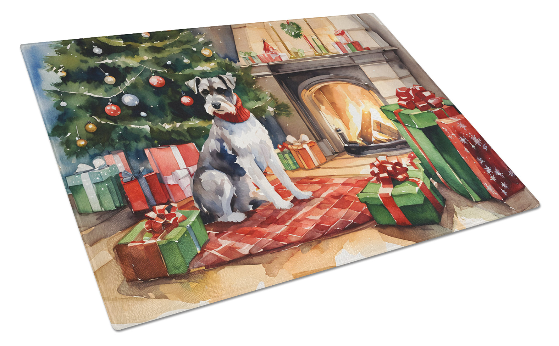 Buy this Schnauzer Cozy Christmas Glass Cutting Board Large