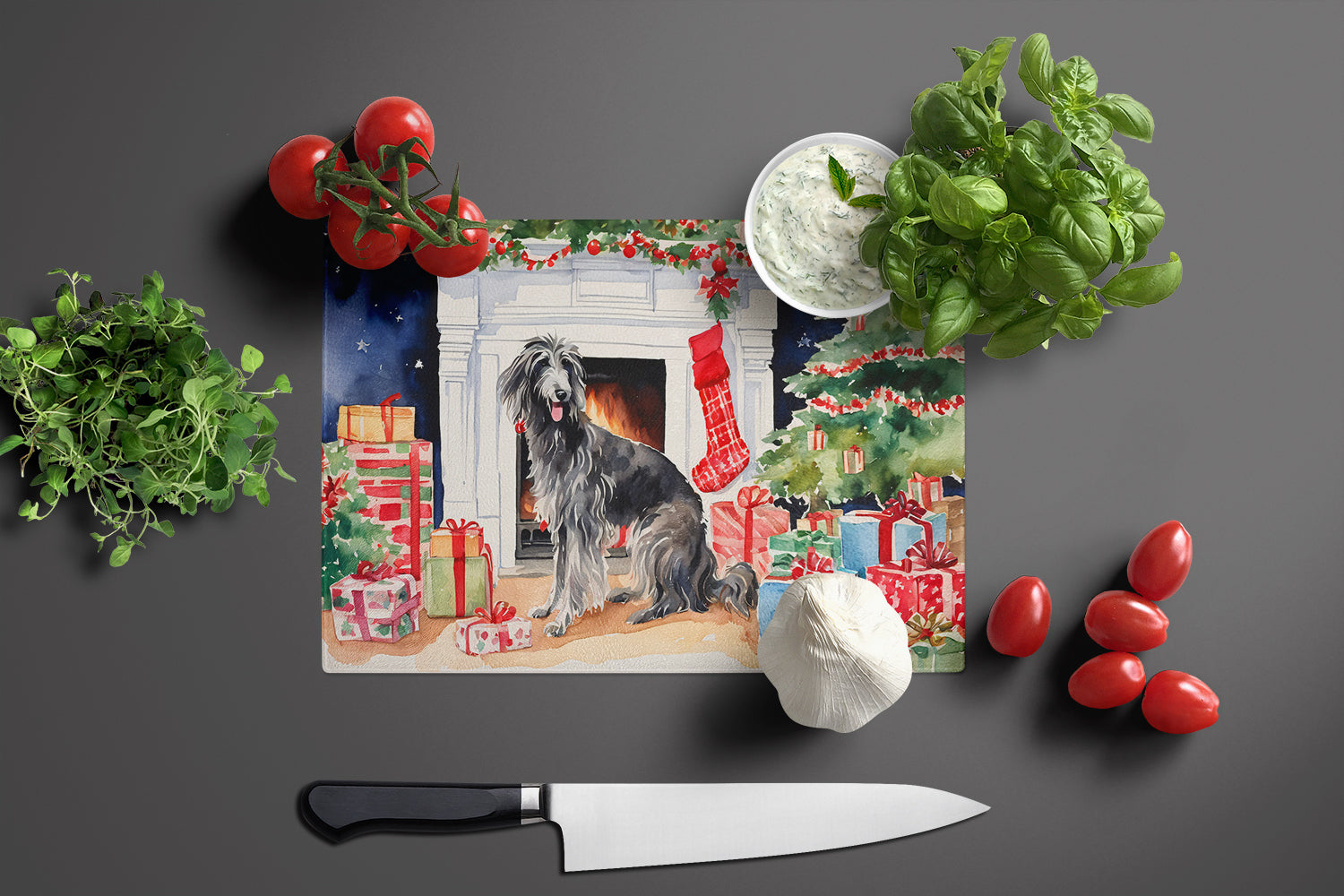 Scottish Deerhound Cozy Christmas Glass Cutting Board Large