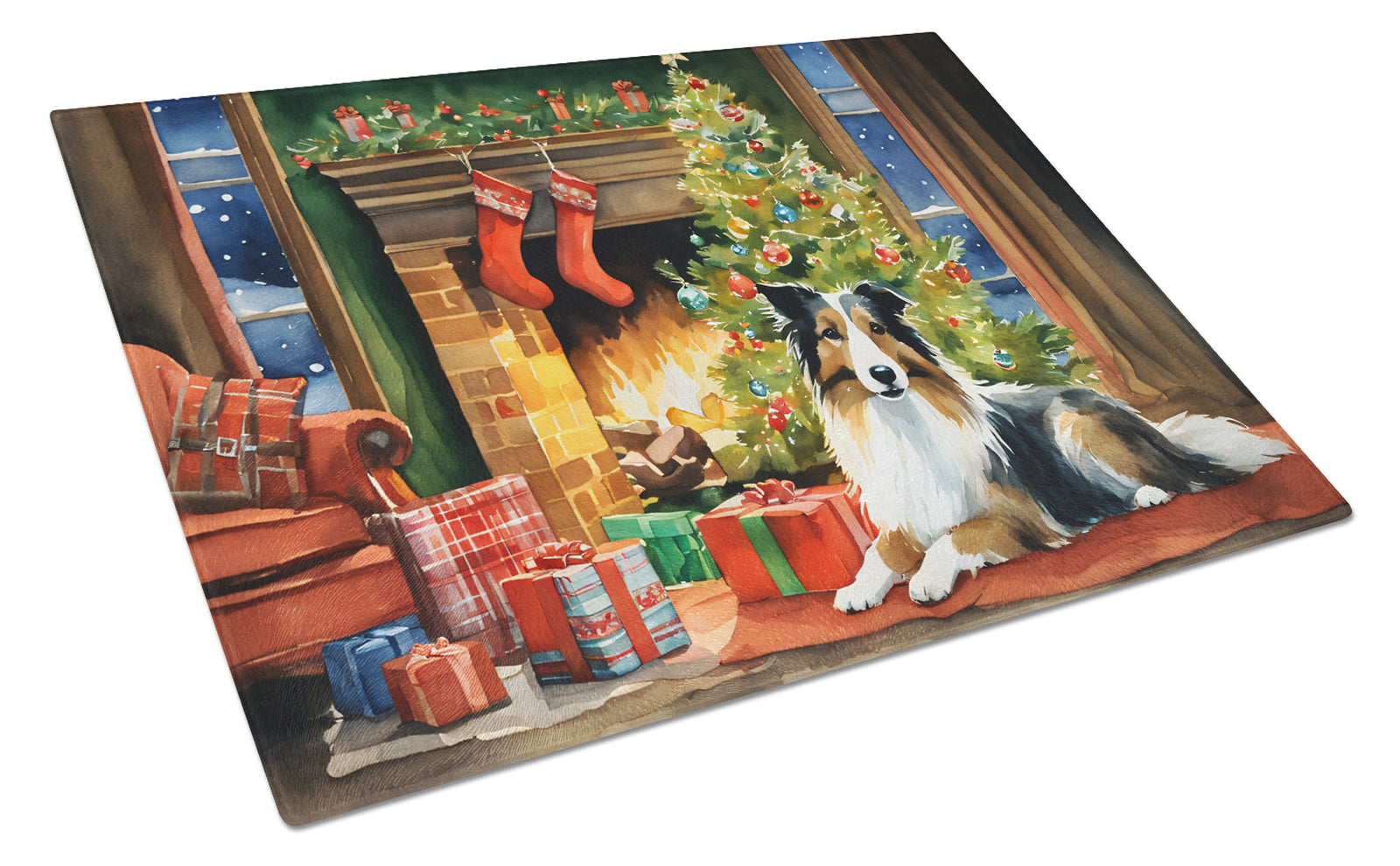 Buy this Sheltie Cozy Christmas Glass Cutting Board Large