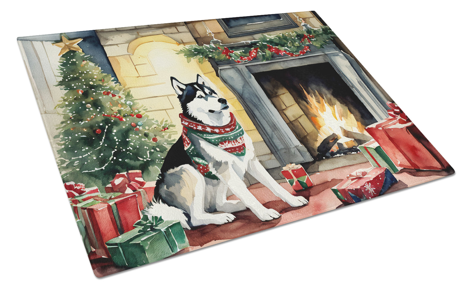 Buy this Siberian Husky Cozy Christmas Glass Cutting Board Large