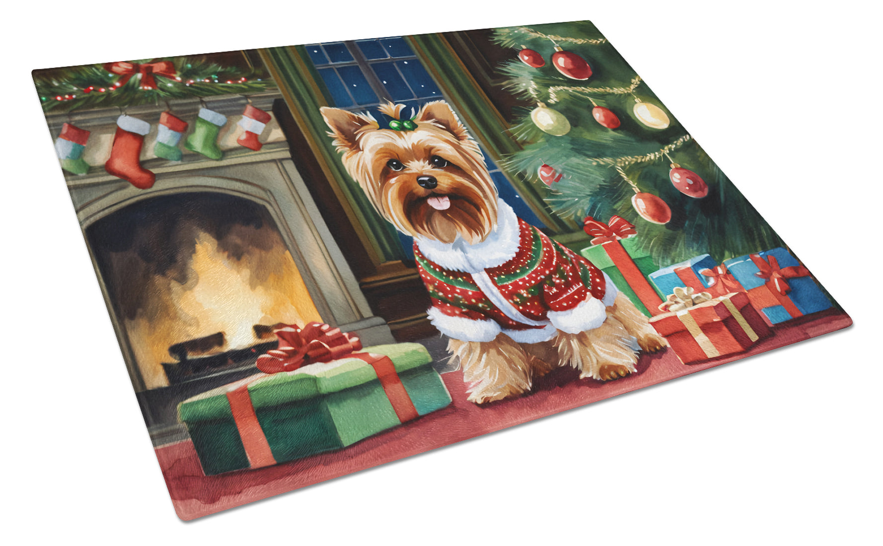 Buy this Yorkshire Terrier Cozy Christmas Glass Cutting Board Large