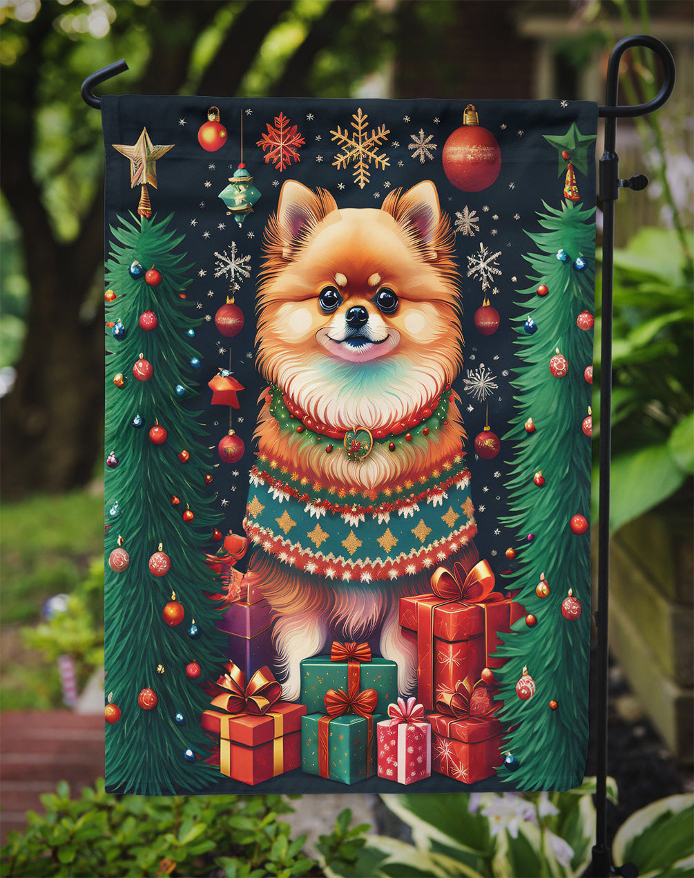 Pomeranian Holiday Christmas Garden Flag