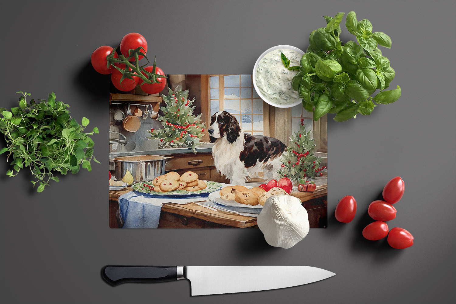 English Cocker Spaniel Christmas Cookies Glass Cutting Board