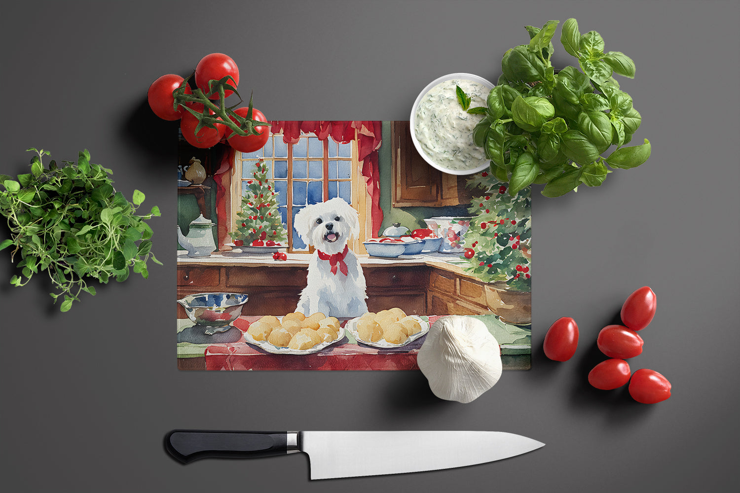 Maltese Christmas Cookies Glass Cutting Board