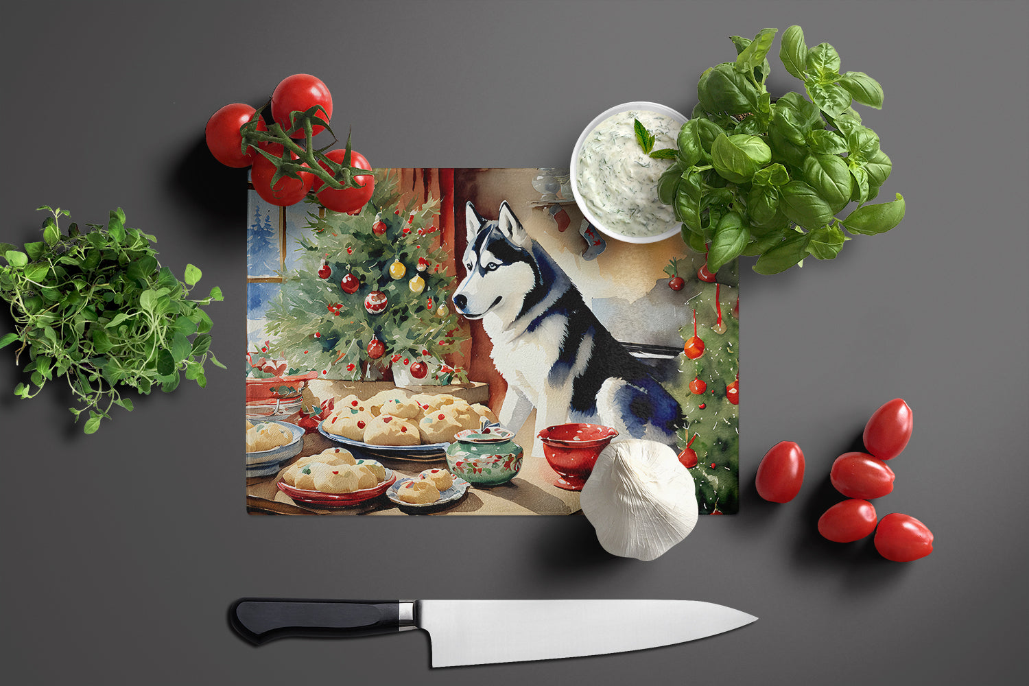 Siberian Husky Christmas Cookies Glass Cutting Board