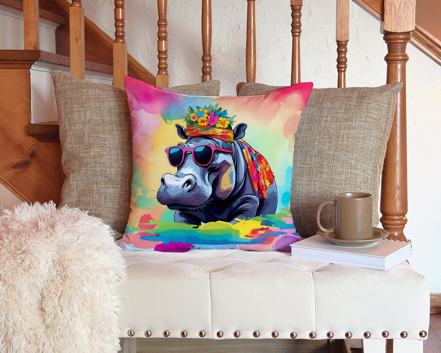 Hippie Animal Hippopotamus Throw Pillow