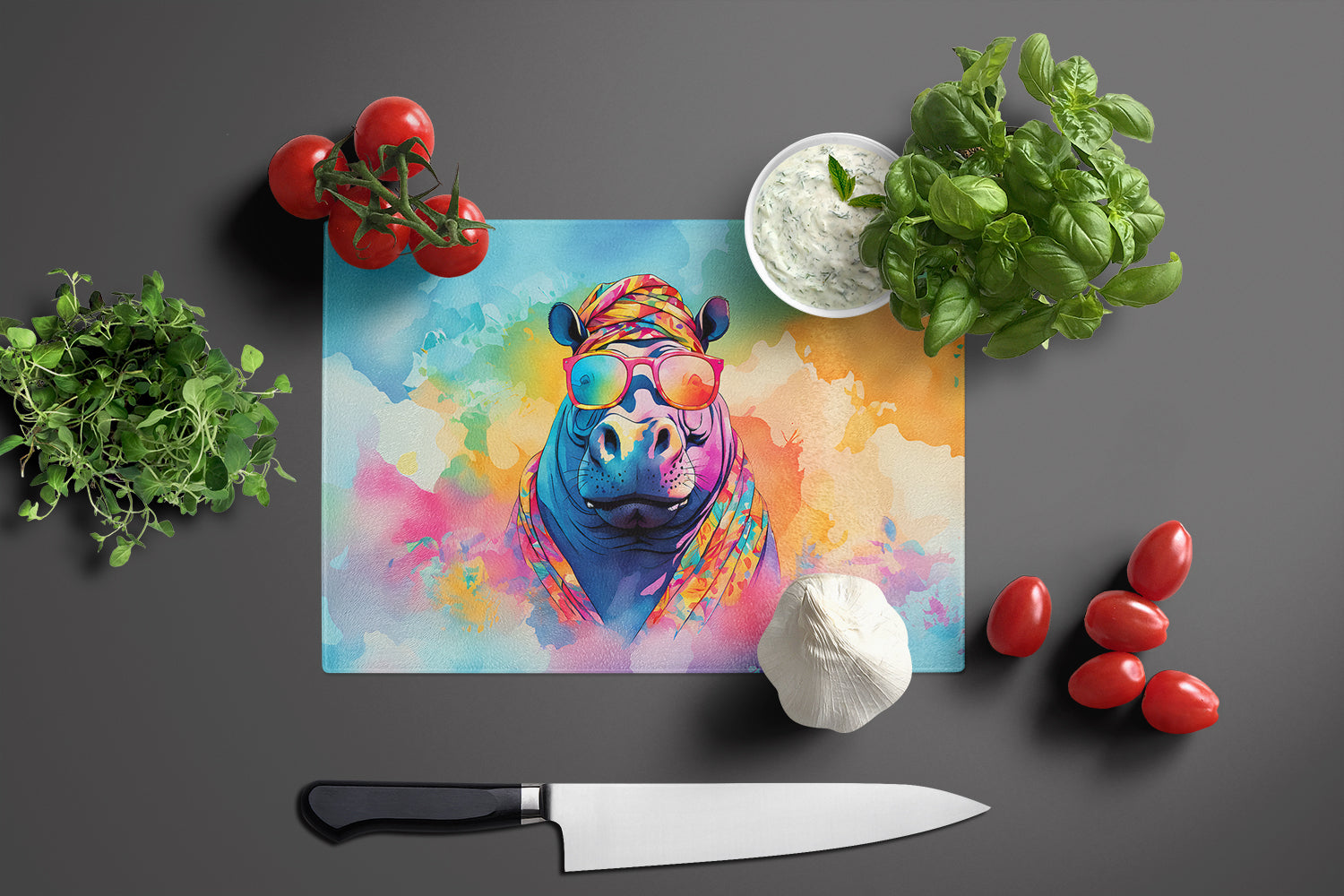 Hippie Animal Hippopotamus Glass Cutting Board