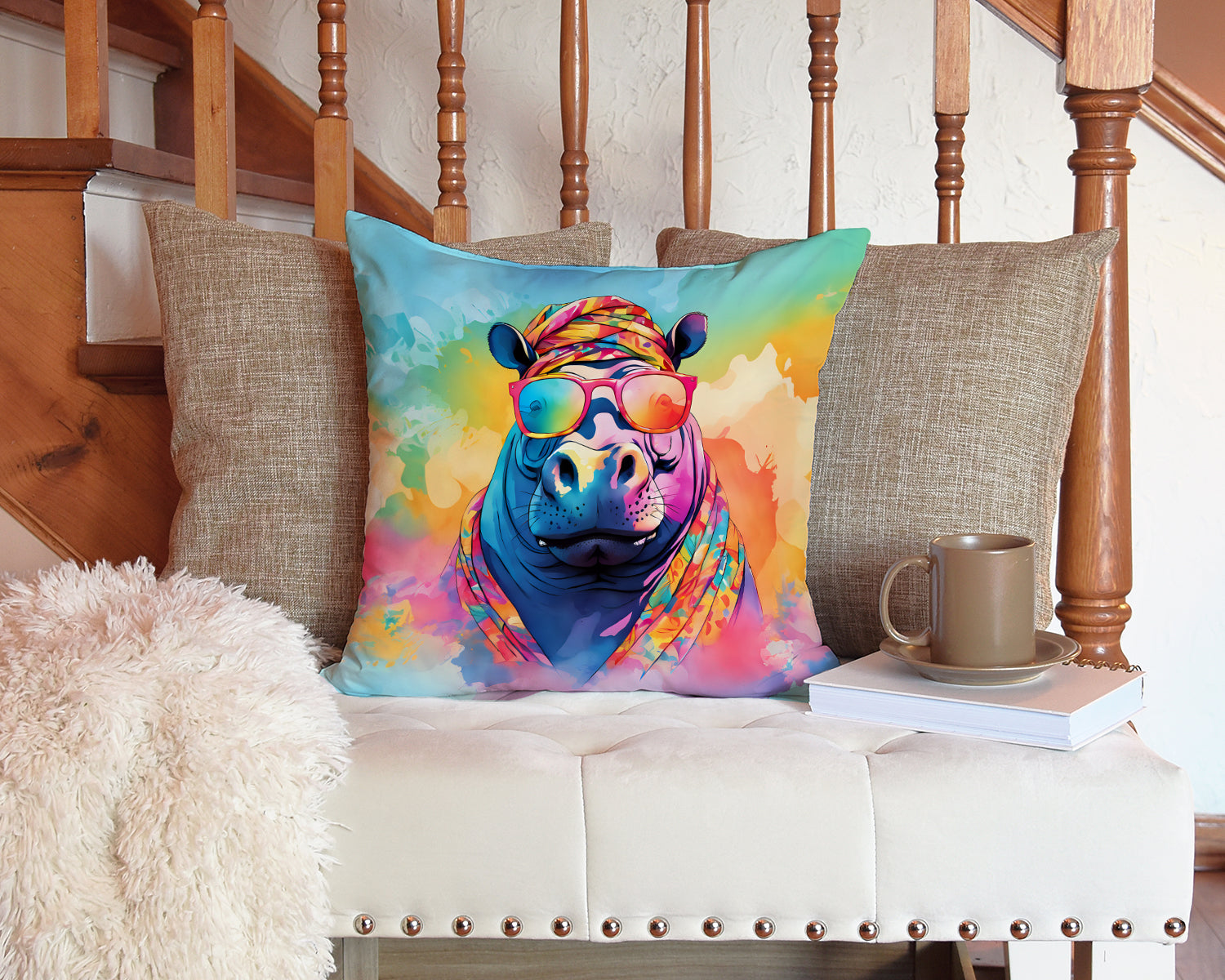 Hippie Animal Hippopotamus Throw Pillow