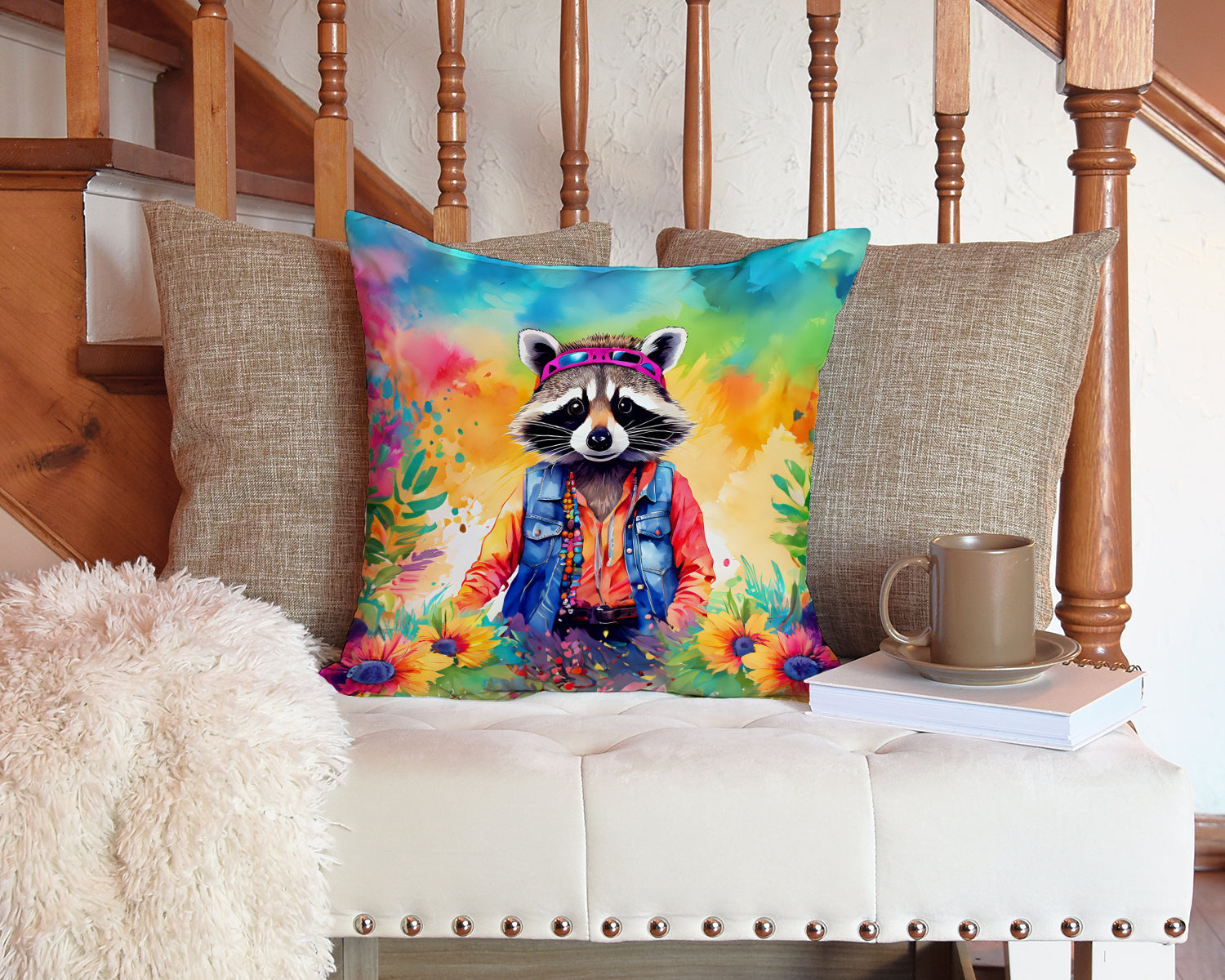 Hippie Animal Raccoon Throw Pillow