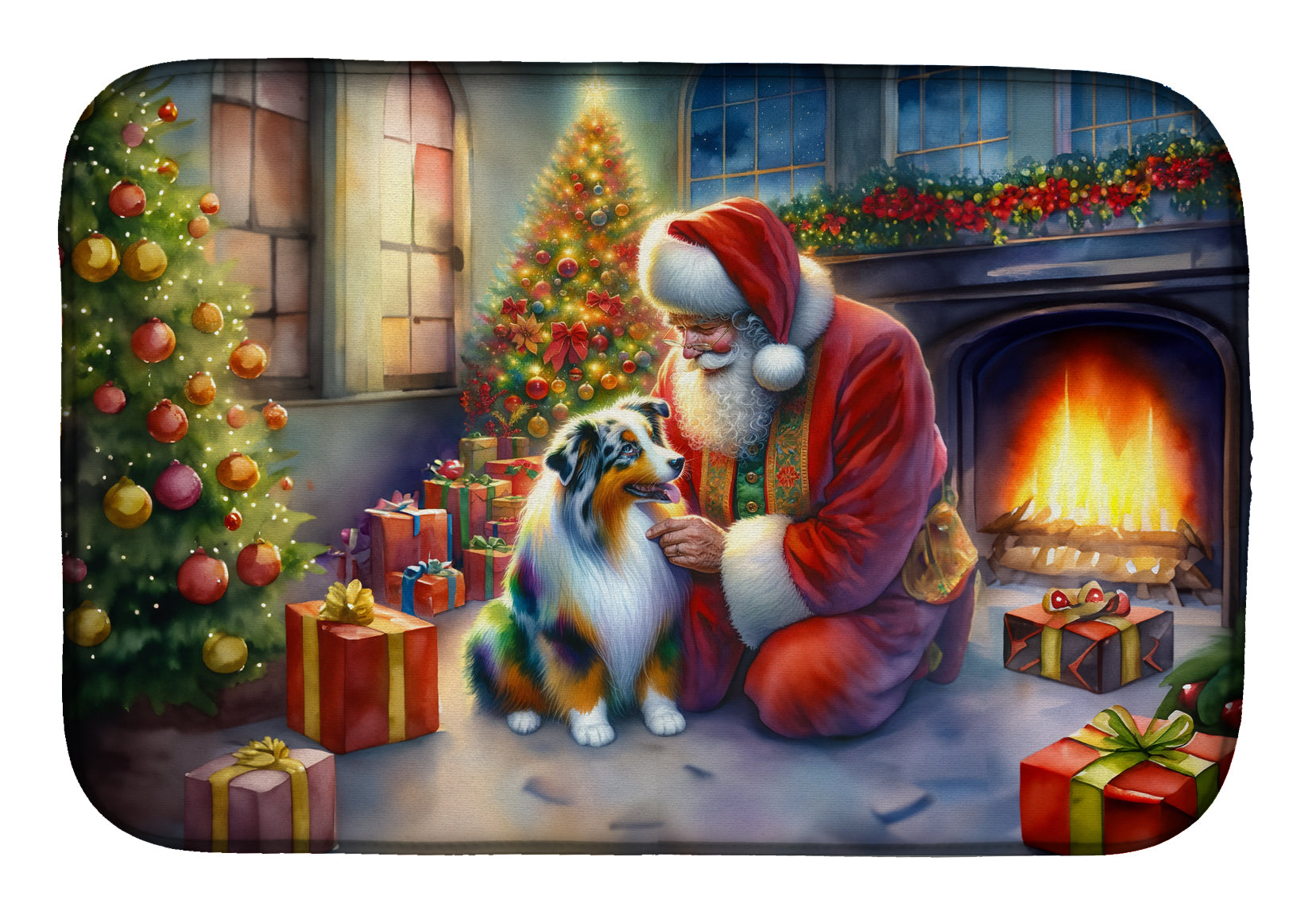 Buy this Australian Shepherd and Santa Claus Dish Drying Mat