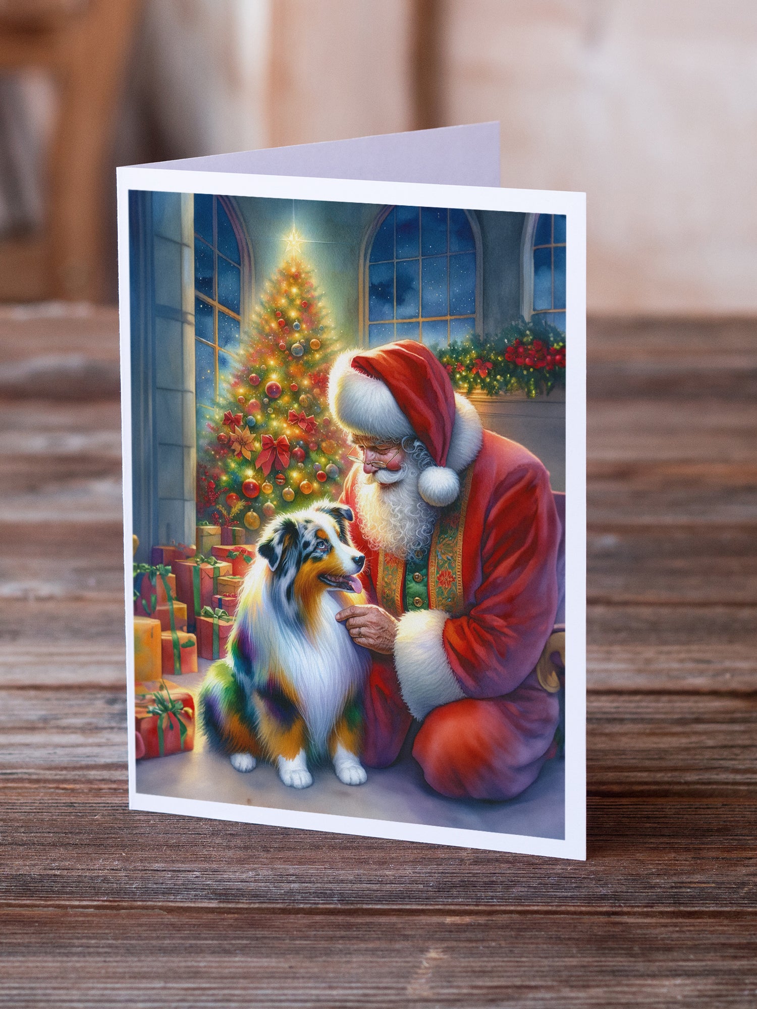 Buy this Australian Shepherd and Santa Claus Greeting Cards Pack of 8