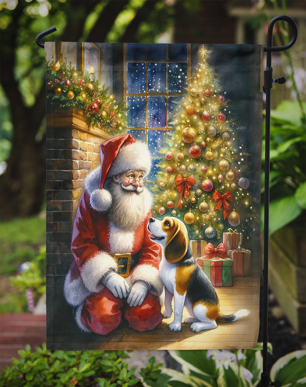 Beagle and Santa Claus Garden Flag