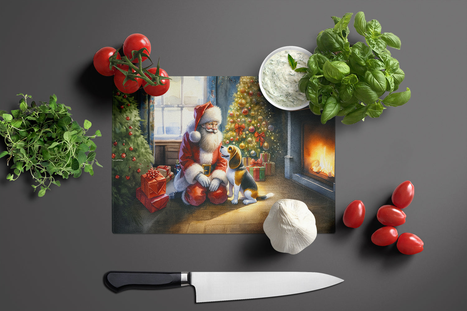 Beagle and Santa Claus Glass Cutting Board