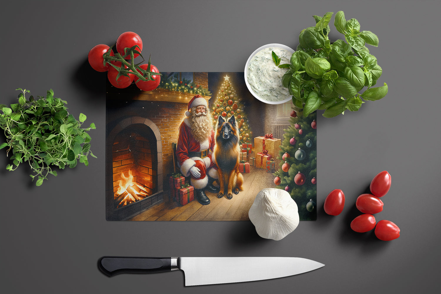 Belgian Tervuren and Santa Claus Glass Cutting Board