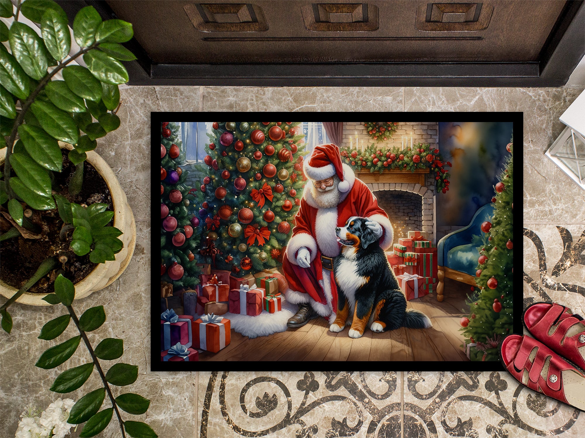 Bernese Mountain Dog and Santa Claus Doormat