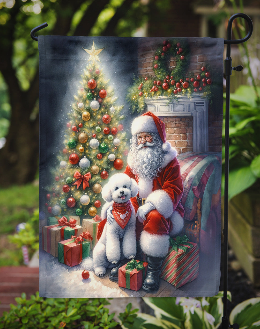 Bichon Frise and Santa Claus Garden Flag