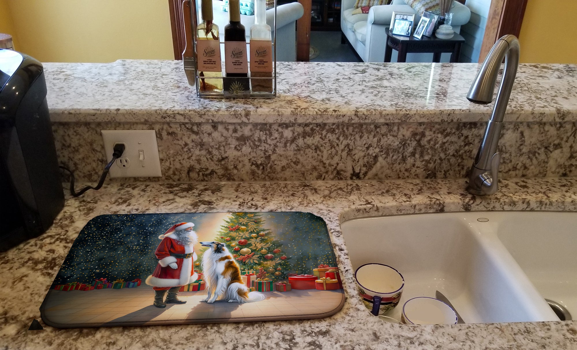 Borzoi and Santa Claus Dish Drying Mat