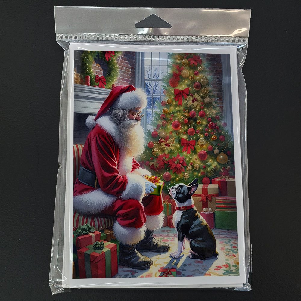 Boston Terrier and Santa Claus Greeting Cards Pack of 8