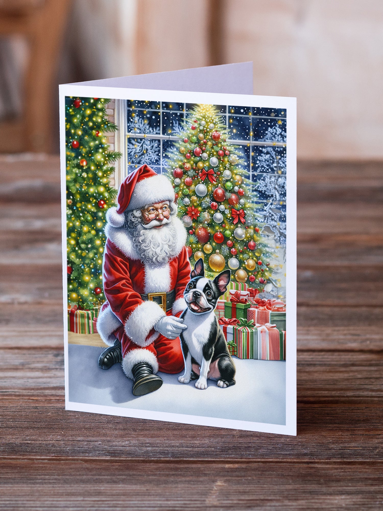 Boston Terrier and Santa Claus Greeting Cards Pack of 8