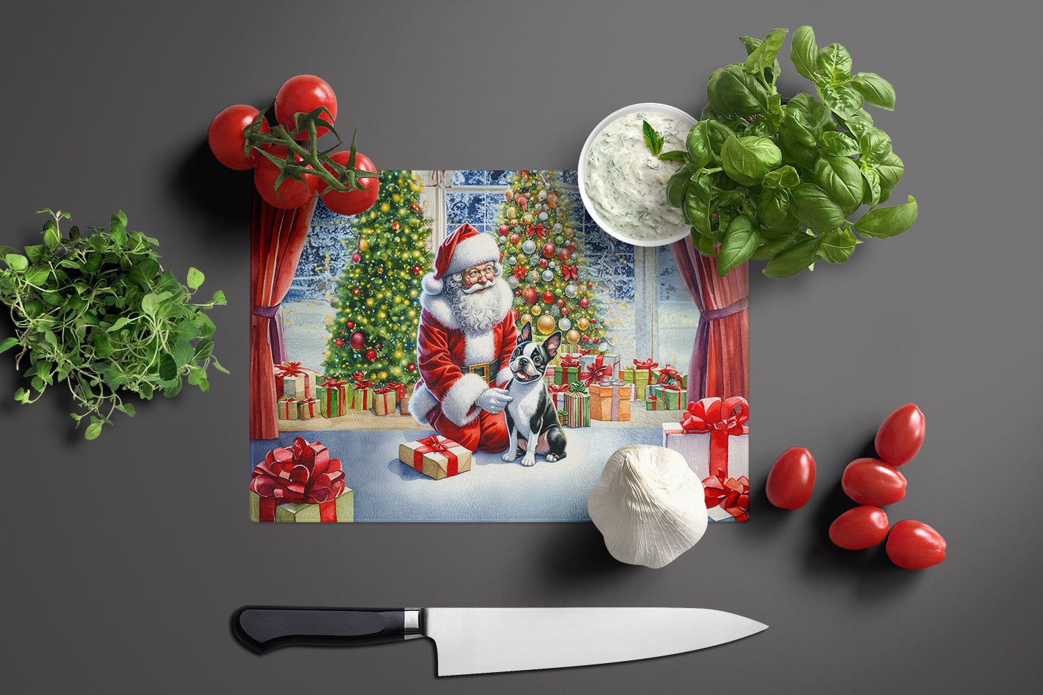 Boston Terrier and Santa Claus Glass Cutting Board