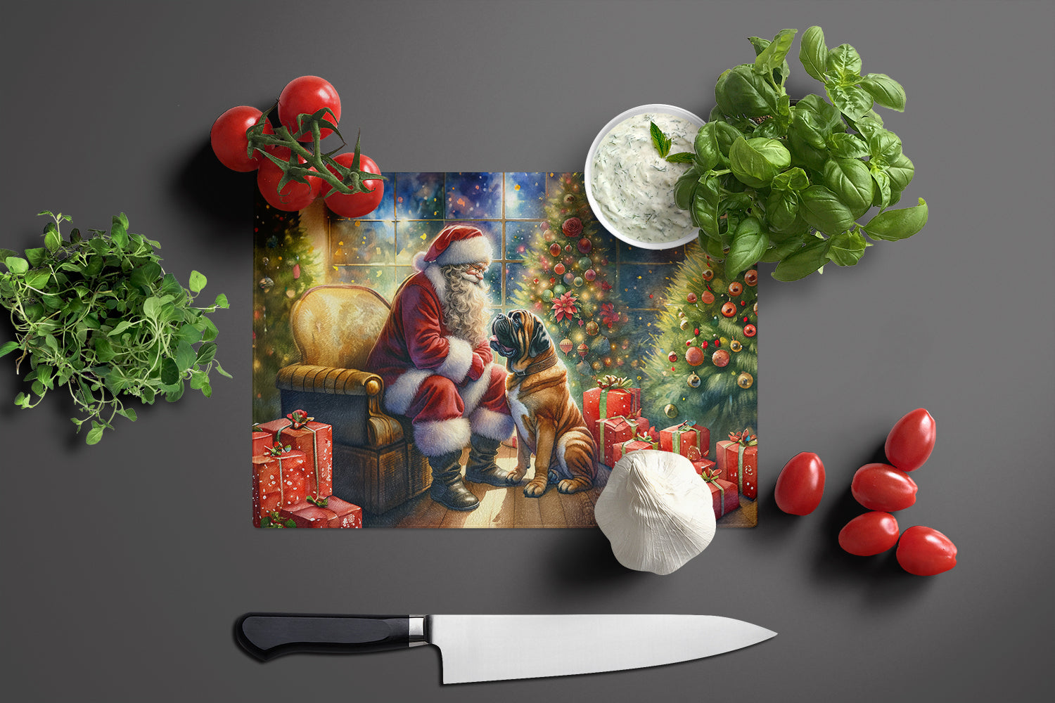 Bullmastiff and Santa Claus Glass Cutting Board