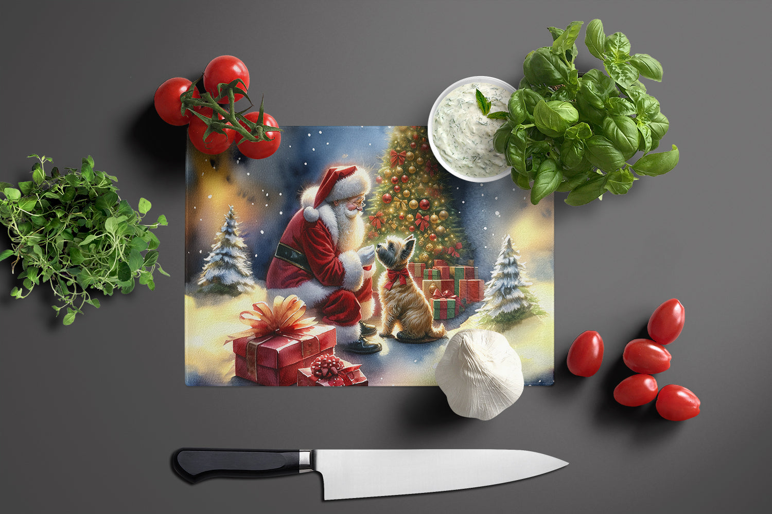 Cairn Terrier and Santa Claus Glass Cutting Board