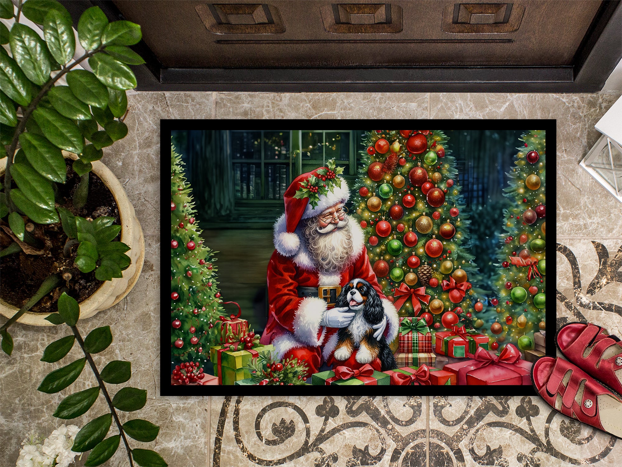 Cavalier Spaniel and Santa Claus Doormat