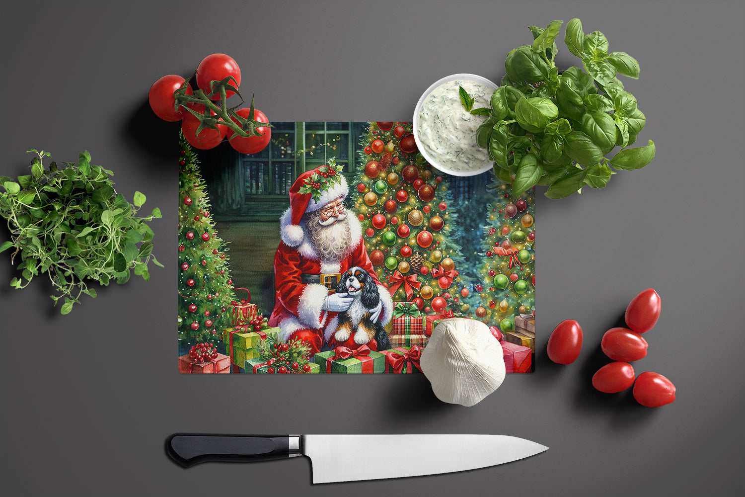 Cavalier Spaniel and Santa Claus Glass Cutting Board